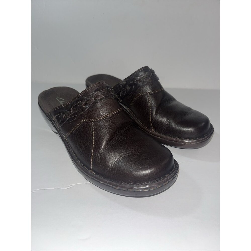 Clarks Womens  Size 7.5W Brown Leather Slip-On Mules shoes